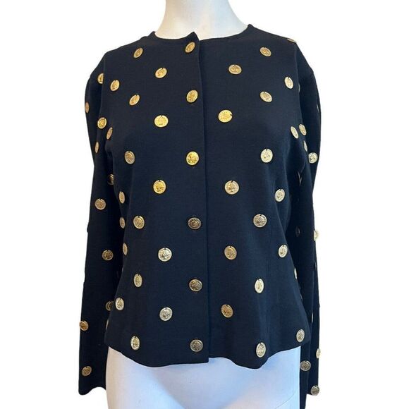 Ladies Medium Black Gold Tone Coins All Over Blouse Wool Sweater Top Vintage - Picture 1 of 8